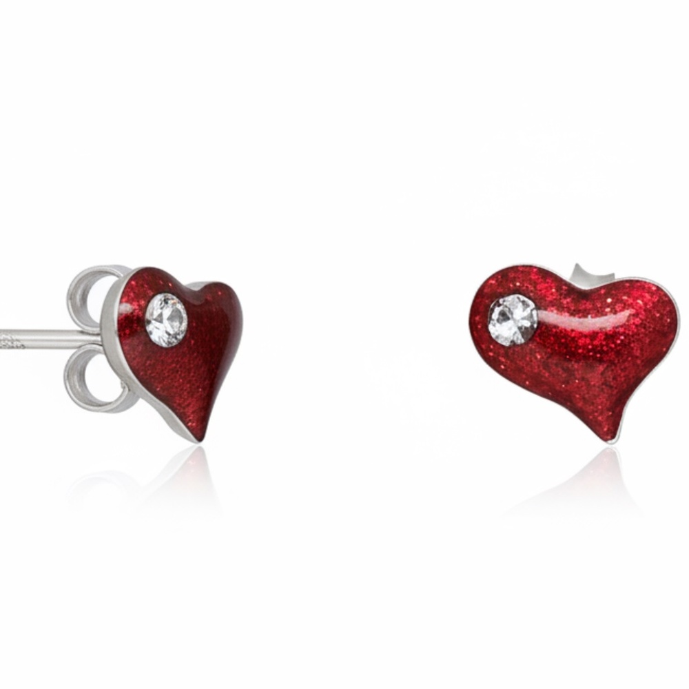 Sterling Silver Red Heart Stud Earrings - Picture 3 of 5
